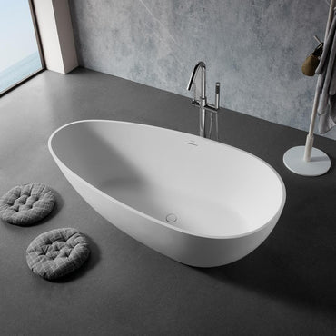 59 in. Stone Resin Flatbottom Solid Surface Freestanding Soaking Bathtub in White with Brass Drain