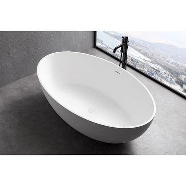 67 in Stone Resin Flatbottom Solid Surface Freestanding Soaking Bathtub in White with Drain