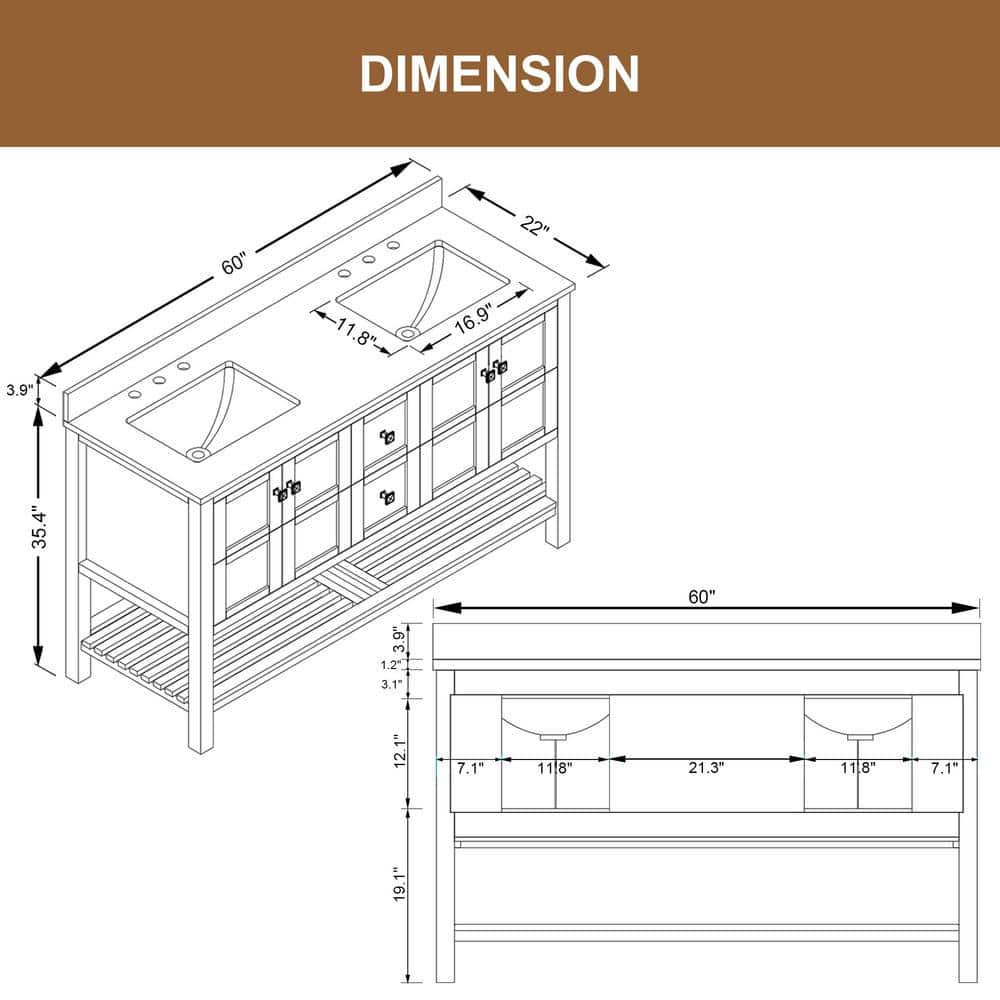 Solid Wood 60 in W x 22 in D x 39.3 in H Double Sink Bath Vanity in Modern Gray with Carrara White Natural Marble Top