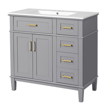 36" Gray Modern Bathroom Vanity with Ceramic Sink, Soft Close Doors, 4 Drawers for Storage, Elegant Design for Small Bathrooms