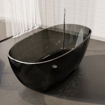 59 in x 29.5 in Stone Resin Surface Flatbottom Freestanding Soaking Bathtub in Transparent Black Gray