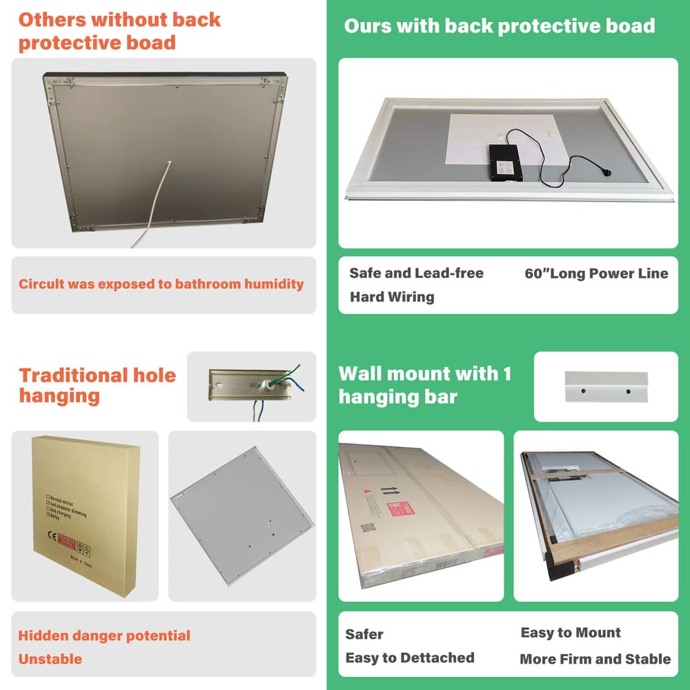 Rectangular Frameless Anti-Fog Wall-Mounted LED Light Bathroom Vanity Mirror in Silver