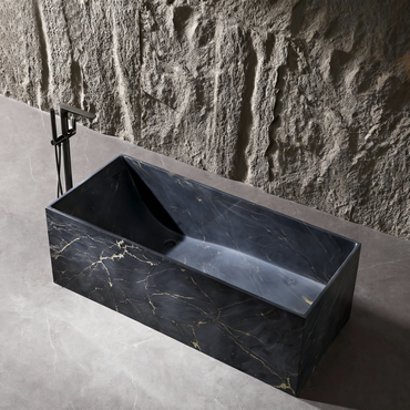 Vanityfus 29-in x 67-in Blue Gold Solid Surface Rectangle Alcove Freestanding Soaking Bathtub with Drain (Left Drain)
