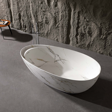 Vanityfus 34-in x 67-in Statuario White Marble Look Solid Surface Oval Freestanding Soaking Bathtub with Drain (Center Drain)