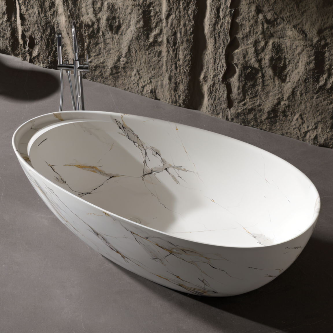 Vanityfus 34-in x 67-in Statuario White Marble Look Solid Surface Oval Freestanding Soaking Bathtub with Drain (Center Drain)