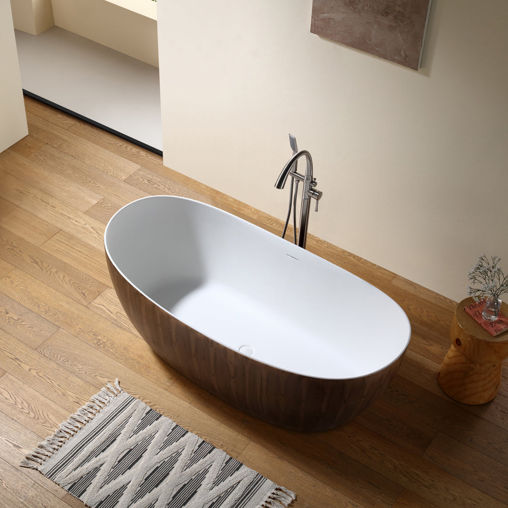 Vanityfus 30-in x 67-in Pure White Wooden Tone Solid Surface Oval Freestanding Soaking Bathtub with Drain (Center Drain)