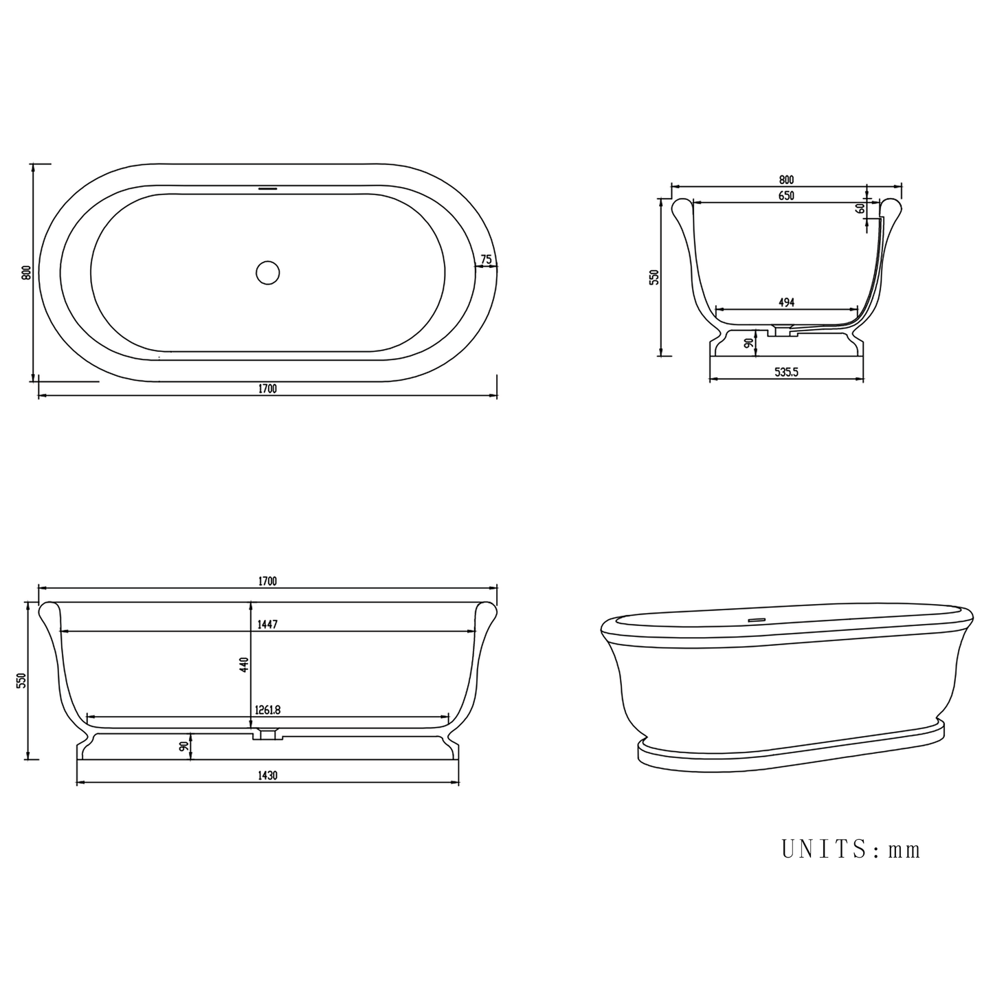 Vanityfus 32-in x 67-in Pure White Solid Surface Freestanding French Rolled Edge Soaking Bathtub with Drain (Center Drain)