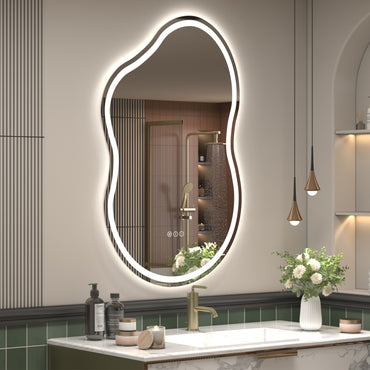 Vanityfus 24-in W 40-in H Irregular Frameless Wall-Mounted Beveled Dimmable LED Lighted Fog Free Bathroom Vanity Mirror in silver