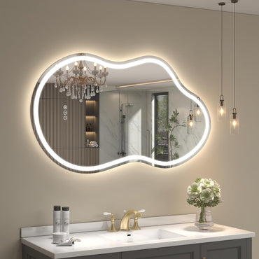 Vanityfus 24-in W 36-in H Irregular Frameless Wall-Mounted Beveled Dimmable LED Lighted Fog Free Bathroom Vanity Mirror in silver