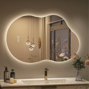 Vanityfus 24-in W 36-in H Irregular Frameless Wall-Mounted Beveled Dimmable LED Lighted Fog Free Bathroom Vanity Mirror in silver