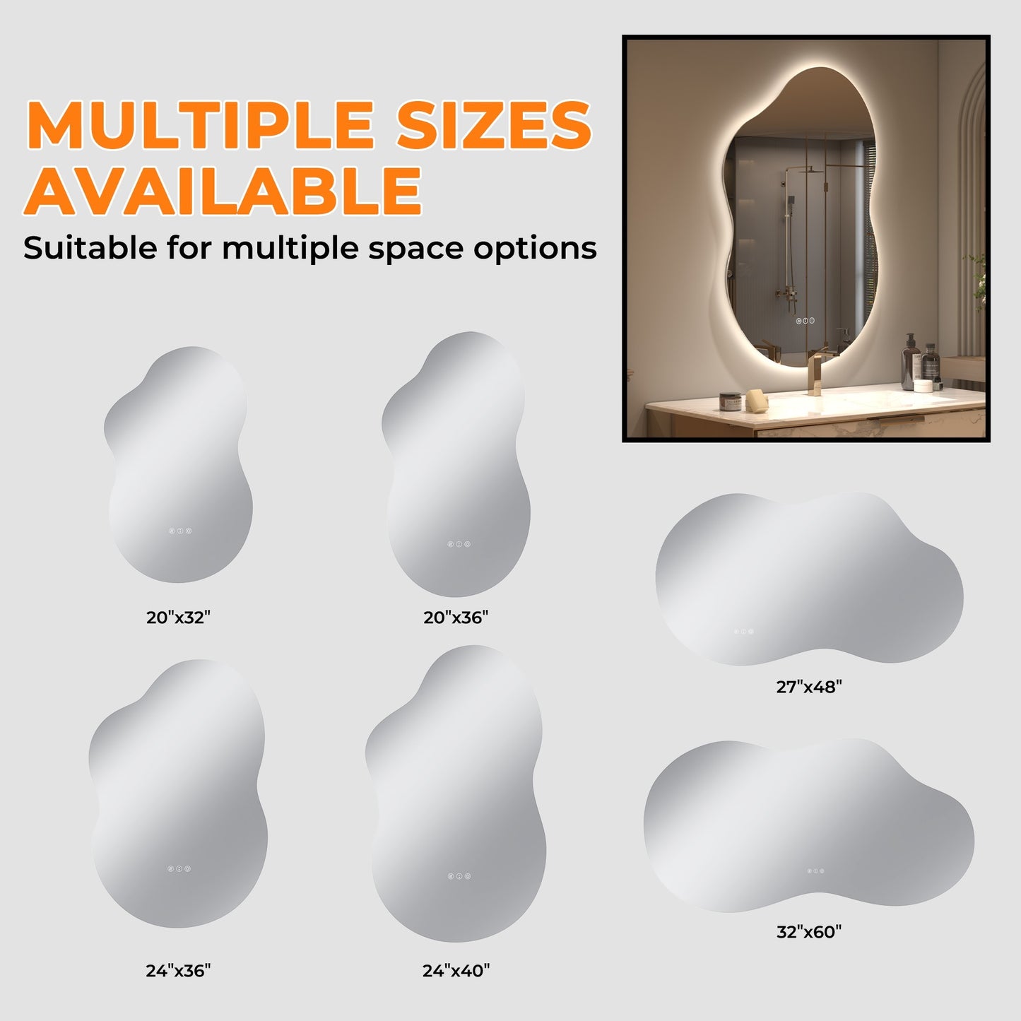 Vanityfus 24-in W 36-in H Irregular Frameless Wall-Mounted Beveled Dimmable LED Lighted Fog Free Bathroom Vanity Mirror in silver
