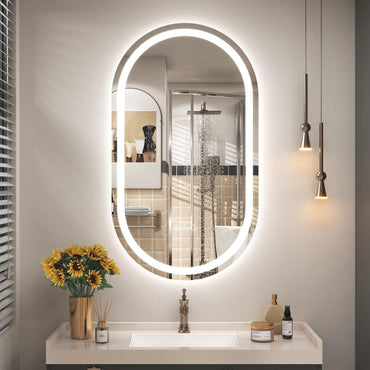 Vanityfus 20-in W 36-in H Oval Frameless Wall-Mounted Beveled Dimmable LED Lighted Fog Free Bathroom Vanity Mirror in silver