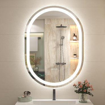 Vanityfus 24-in W 32-in H Oval Frameless Wall-Mounted Beveled Dimmable LED Lighted Fog Free Bathroom Vanity Mirror in silver