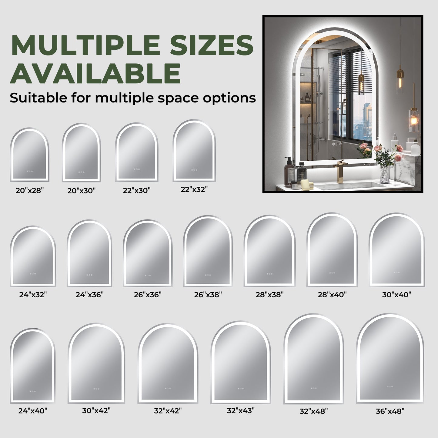 Vanityfus 20-in W 28-in H Arch Frameless Wall-Mounted Beveled Dimmable LED Lighted Fog Free Bathroom Vanity Mirror in sliver