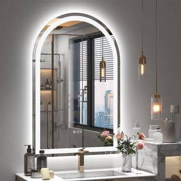 Vanityfus 20-in W 30-in H Arch Frameless Wall-Mounted Beveled Dimmable LED Lighted Fog Free Bathroom Vanity Mirror in silver