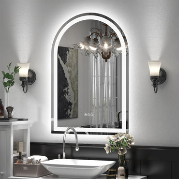 Vanityfus 22-in W 32-in H Arch Frameless Wall-Mounted Beveled Dimmable LED Lighted Fog Free Bathroom Vanity Mirror in silver