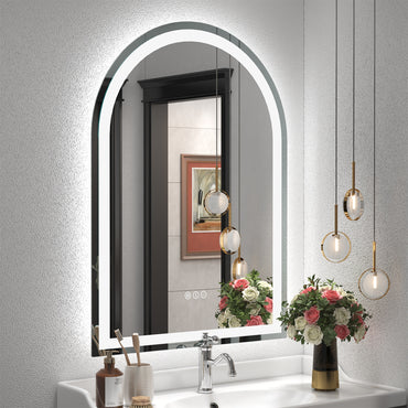 Vanityfus 30-in W 42-in H Arch Frameless Wall-Mounted Beveled Dimmable LED Lighted Fog Free Bathroom Vanity Mirror in silver