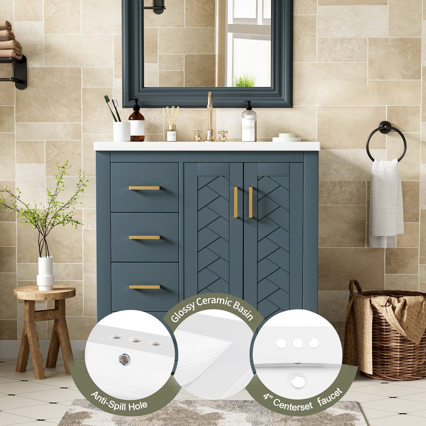 VanityFus 30-in Blue Bathroom Vanity Single Sink Combo with Ceramic Top Undermount 2 Soft Close Doors 3 Drawers