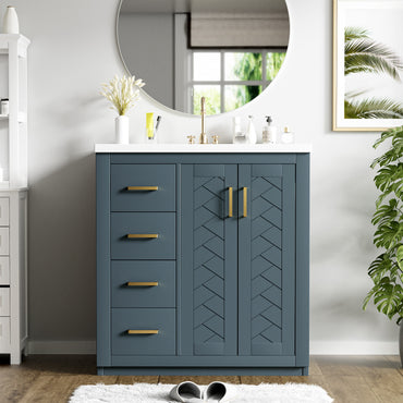 VanityFus 30-in Blue Bathroom Vanity Single Sink Combo with Ceramic Top Undermount 2 Soft Close Doors 3 Drawers
