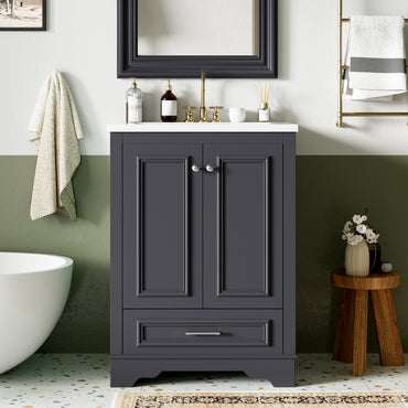 VanityFus 24.2-in Blue Gray Bathroom Vanity Single Sink Combo with Ceramic Top Undermount 2 Soft Close Doors 1 Drawer Adjustable Shelves