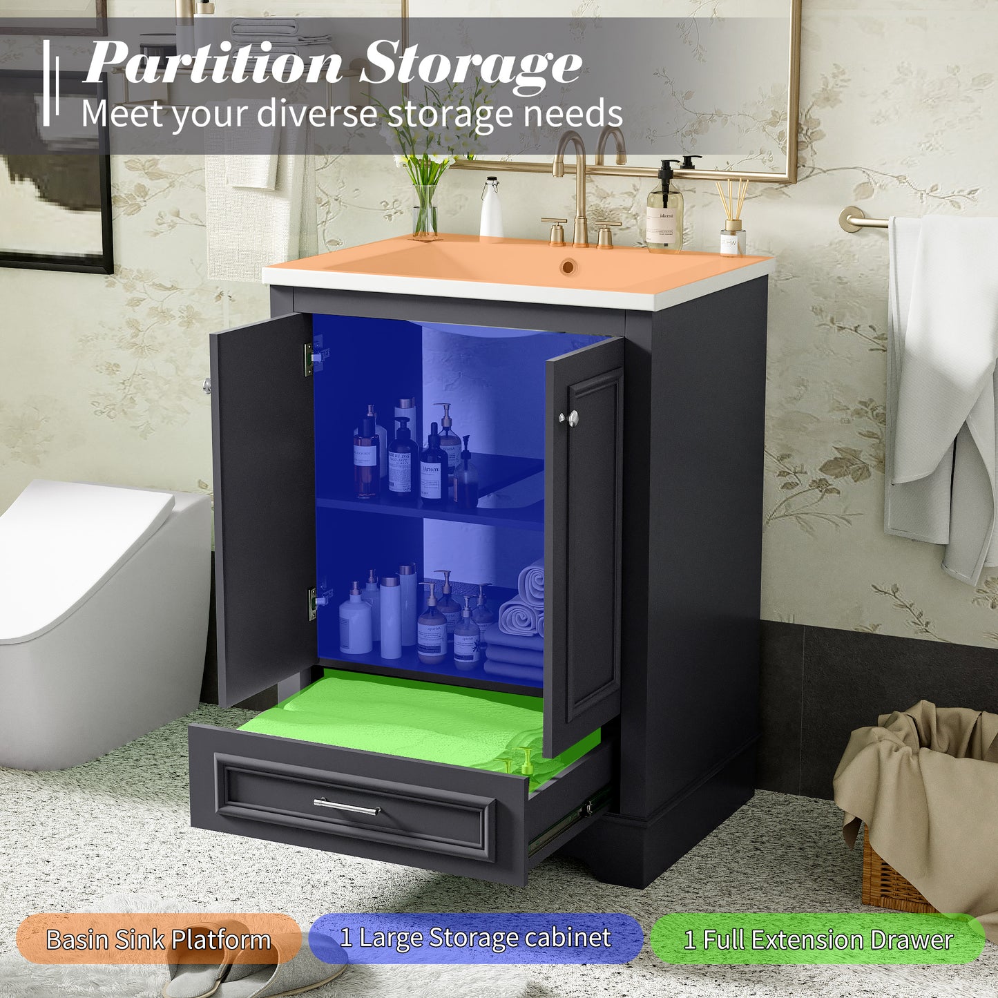 VanityFus 24.2-in Blue Gray Bathroom Vanity Single Sink Combo with Ceramic Top Undermount 2 Soft Close Doors 1 Drawer Adjustable Shelves
