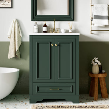 VanityFus 24.2-in Green Bathroom Vanity Single Sink Combo with Ceramic Top Undermount 2 Soft Close Doors 1 Drawer Adjustable Shelves