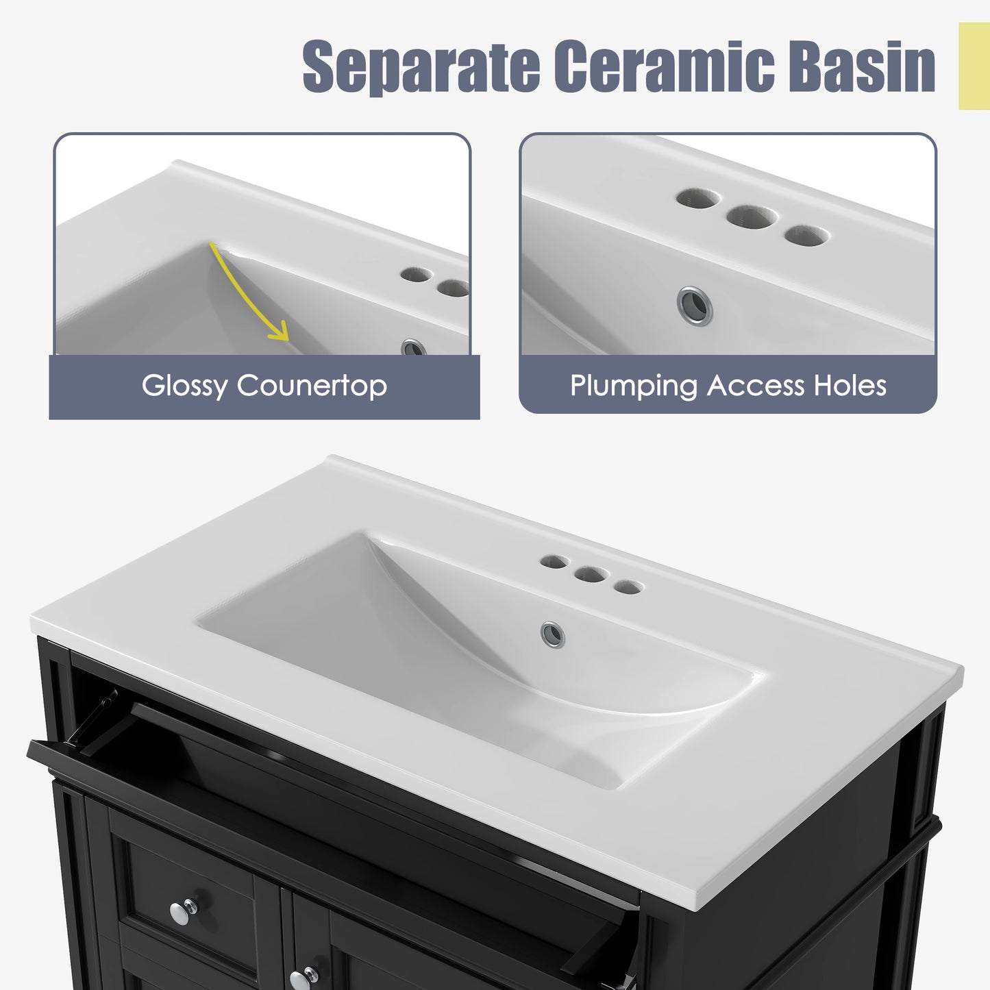 VanityFus 30-in Black Bathroom Vanity Single Sink Combo with Ceramic Top Undermount 1 Soft Close Door 3 Drawers Adjustable Shelves