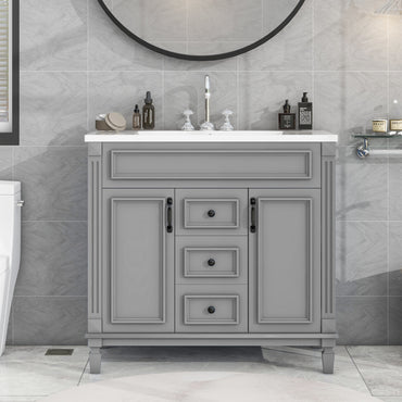 VanityFus 35.9-in Gray Bathroom Vanity Single Sink Combo with Ceramic Top Undermount 2 Soft Close Doors 2 Drawers Adjustable Shelves