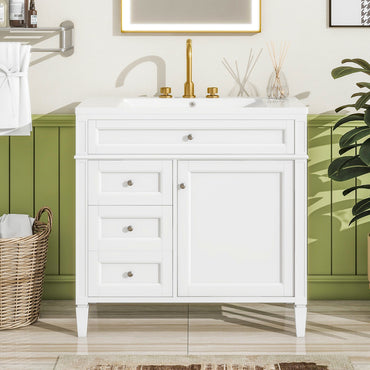 VanityFus 36-in White Bathroom Vanity Single Sink Combo with Ceramic Top Undermount 1 Soft Close Door 3 Drawers Adjustable Shelves