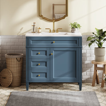 VanityFus 36-in Indigo Blue Bathroom Vanity Single Sink Combo with Ceramic Top Undermount 1 Soft Close Door 3 Drawers Adjustable Shelves