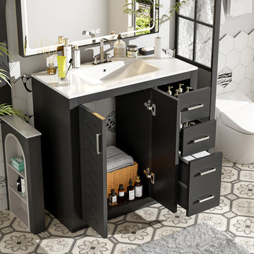 VanityFus 36-in Black Bathroom Vanity Single Sink Combo with Ceramic Top Undermount 2 Soft Close Doors 3 Drawers