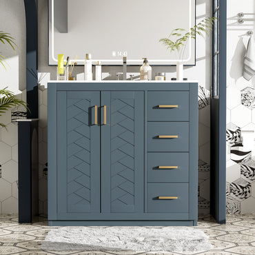 VanityFus 36-in Blue Bathroom Vanity Single Sink Combo with Ceramic Top Undermount 2 Soft Close Doors 3 Drawers