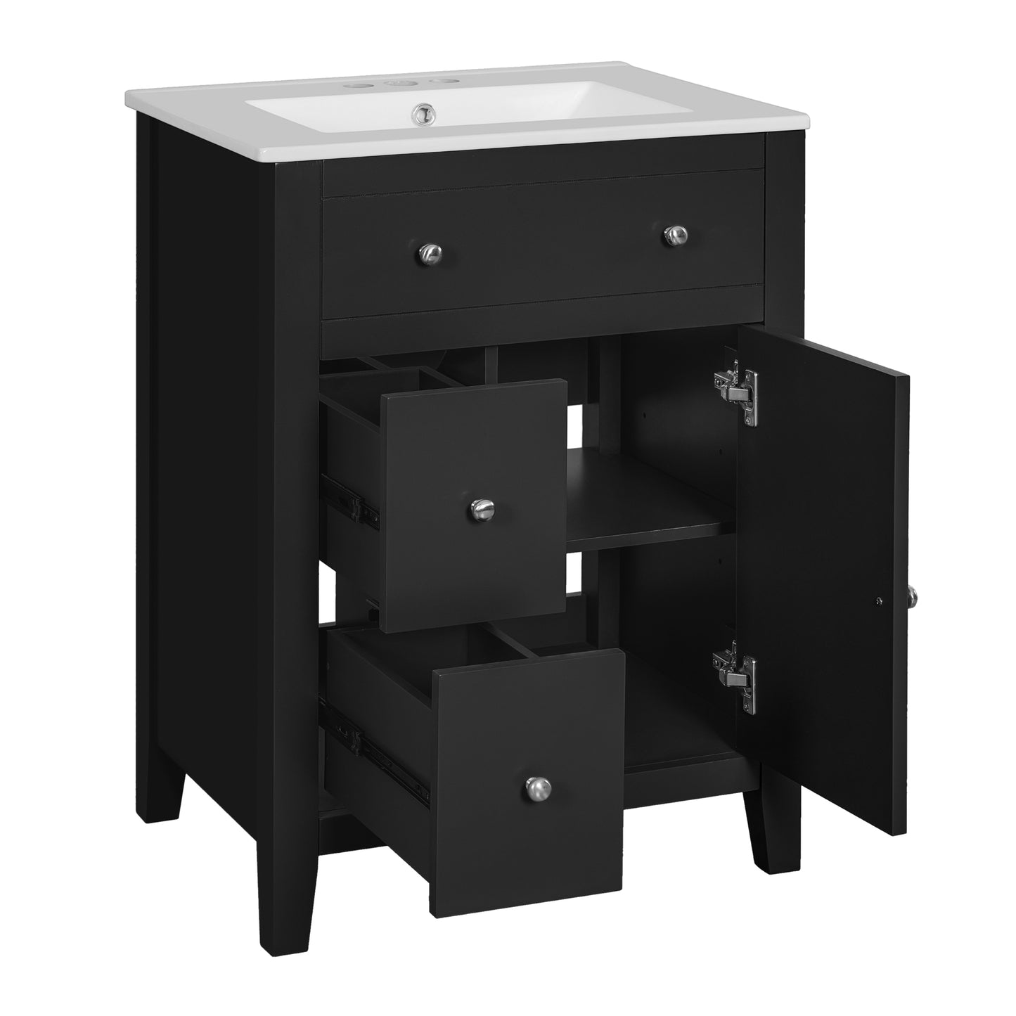 VanityFus 24-in Black Bathroom Vanity Undermount Single Sink Combo with Ceramic Top 1 Soft Close Door 2 Drawers Adjustable Shelves