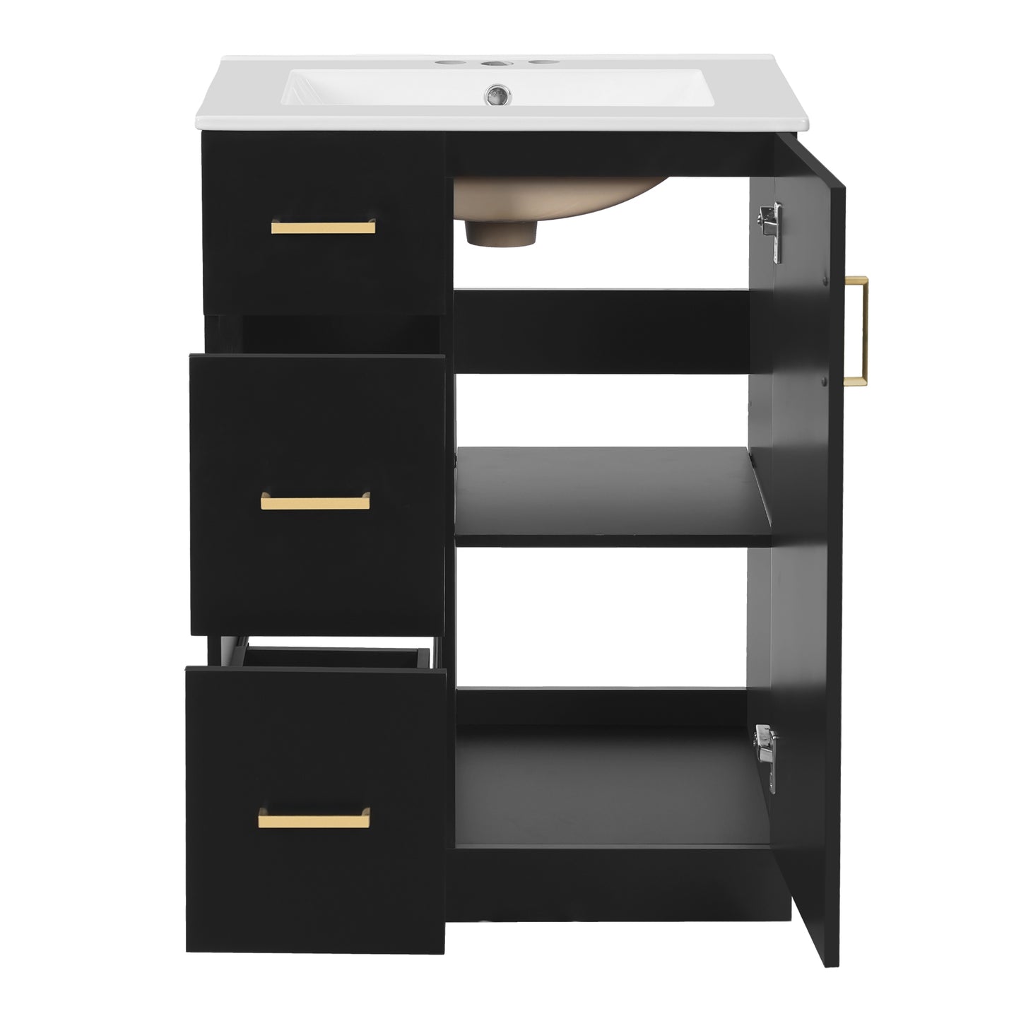 VanityFus 24-in Black Single Sink Bathroom Vanity with Ceramic Top Undermount 1 Soft-Closing Door 2 Drawers Adjustable Shelves