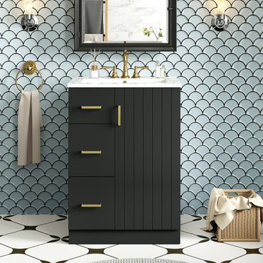 VanityFus 24-in Black Single Sink Bathroom Vanity with Ceramic Top Undermount 1 Soft-Closing Door 2 Drawers Adjustable Shelves