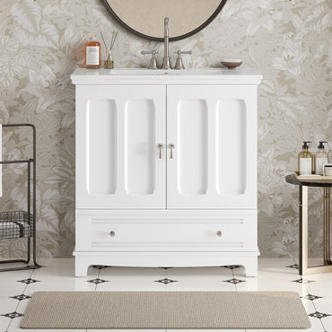 VanityFus 30-in White Single Sink Bathroom Vanity with Ceramic Top Undermount 2 Soft-Closing Doors 1 Drawer Adjustable Shelves