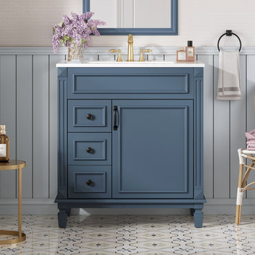 VanityFus 30-in Blue Bathroom Vanity Undermount Single Sink Combo with 1 Soft Close with Ceramic Top 2 Drawers Adjustable Shelves