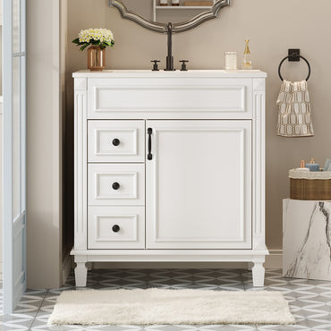 VanityFus 30-in White Bathroom Vanity Undermount Single Sink Combo with 1 Soft Close with Ceramic Top 2 Drawers Adjustable Shelves