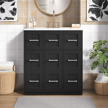 VanityFus 30-in Black Single Sink Bathroom Vanity with Ceramic Top Undermount 3 Soft-Closing Doors 3 Drawers