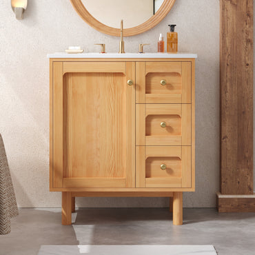 VanityFus 30-in Natural Wood Single Sink Bathroom Vanity with Ceramic Top Undermount 1 Soft-Closing Door 3 Drawers Adjustable Shelves