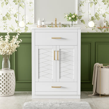 VanityFus 24-in White Single Sink Bathroom Vanity with Ceramic Top Undermount 1 Door 2 Drawers