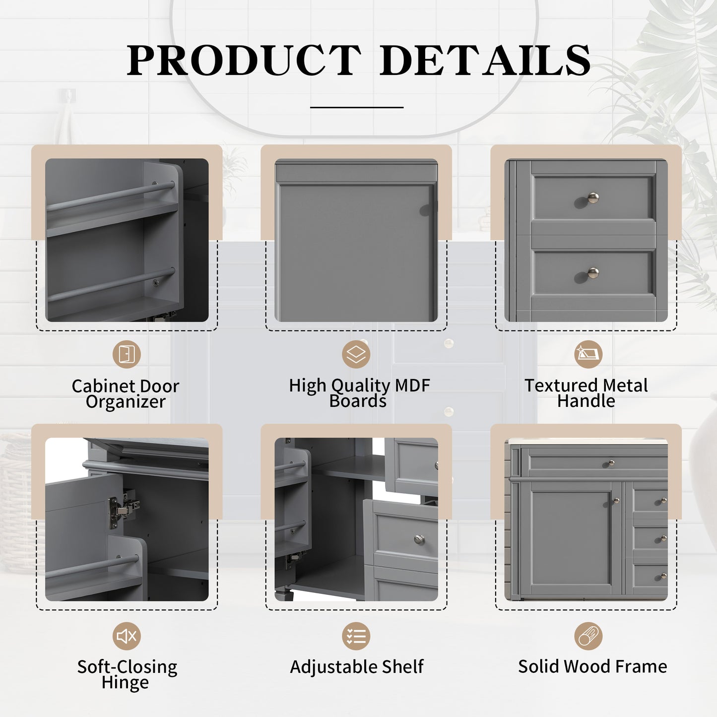 VanityFus 36-in Gray Bathroom Vanity Single Sink Combo with Resin Top Undermount 1 Soft Close Door 3 Drawers