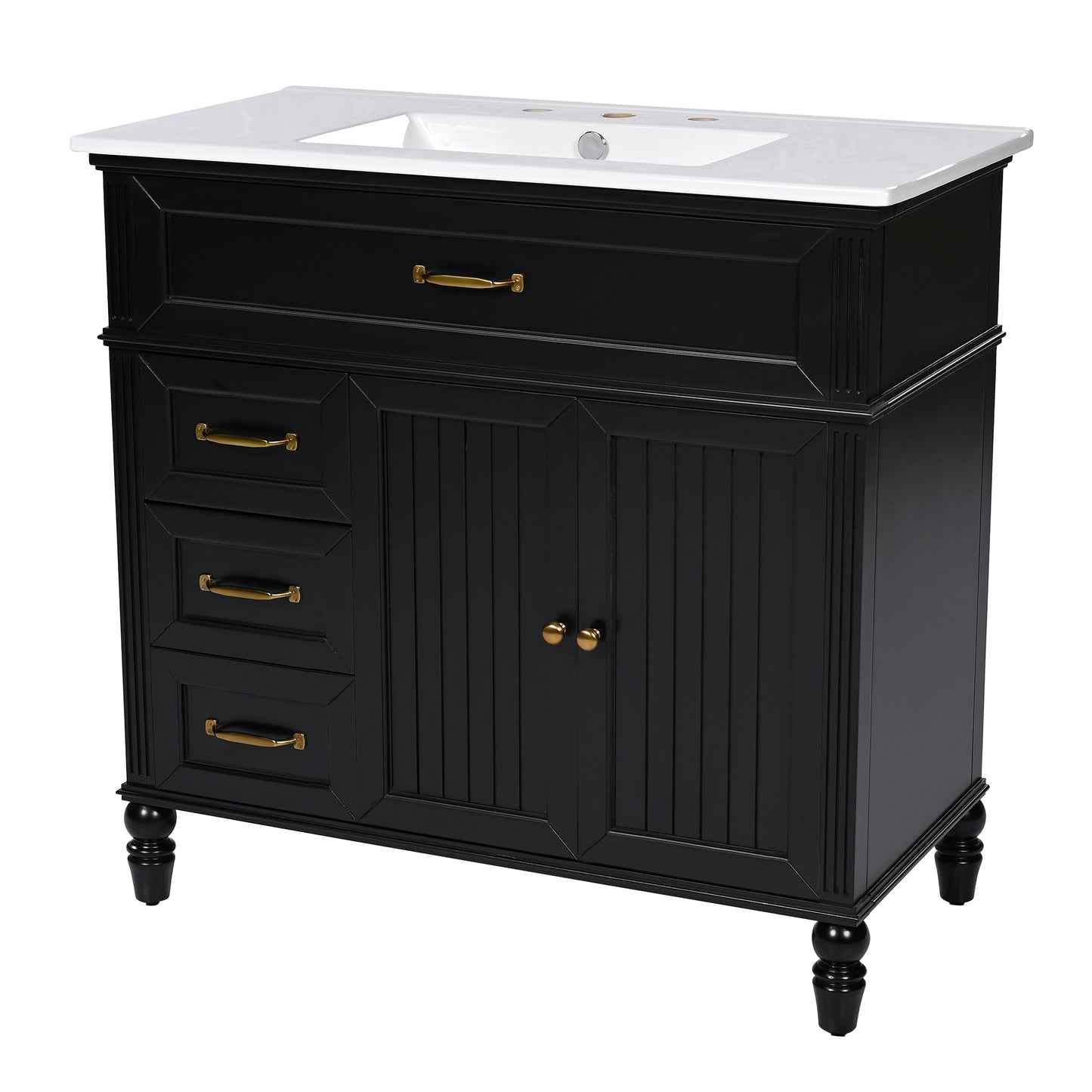 VanityFus 36-in Black Bathroom Vanity Single Sink Combo Ceramic Top 2 doors 2 drawers Undermount