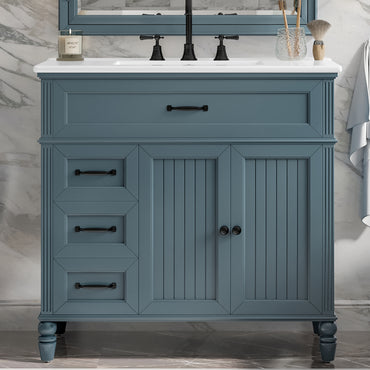 VanityFus 36-in Blue Bathroom Vanity Single Sink Combo Ceramic Top 2 doors 2 drawers Undermount