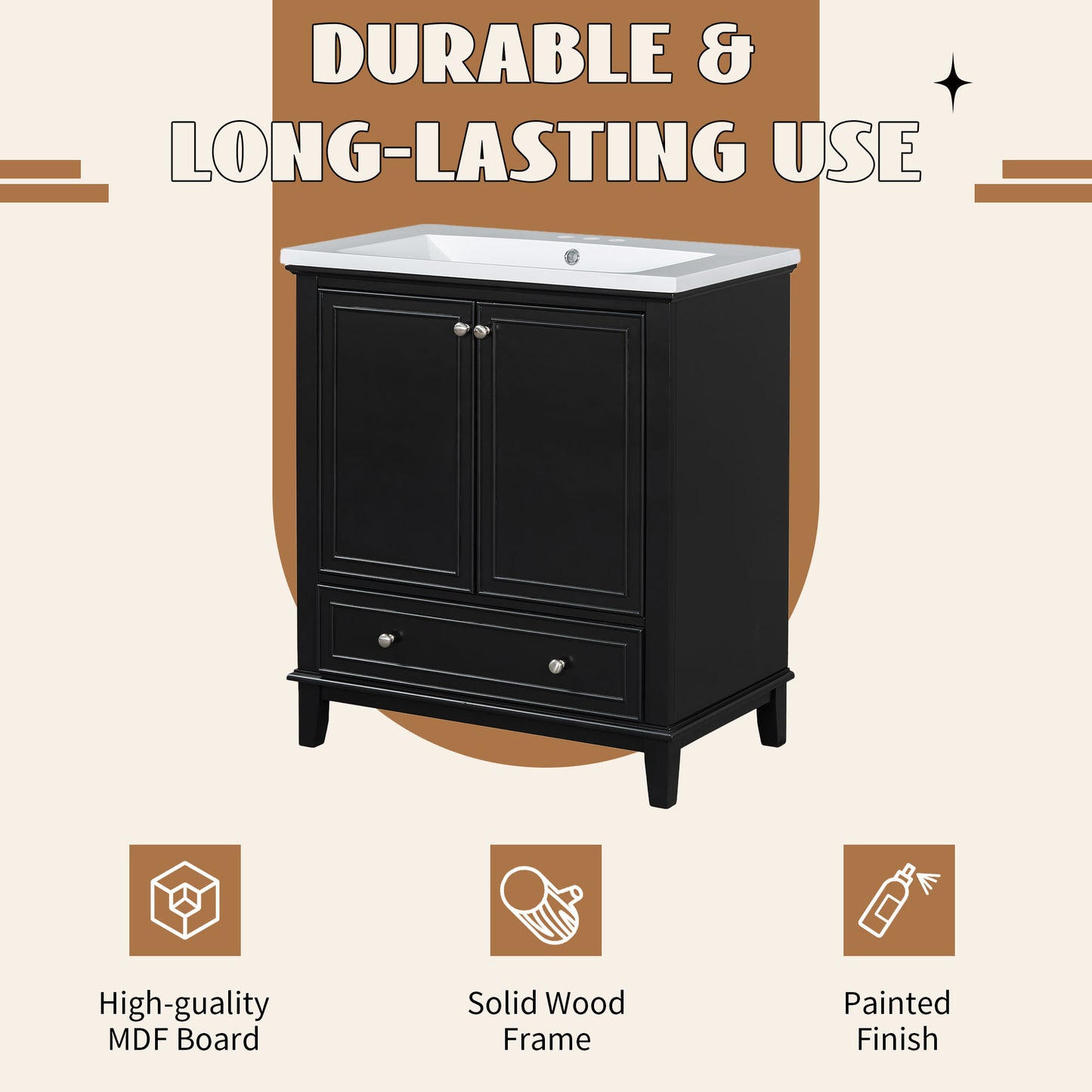 VanityFus 28.6-in Black Bathroom Vanity Single Sink Combo Undermount with Ceramic Top 2 doors 1 drawer