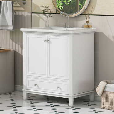 VanityFus 28.6-in White Bathroom Vanity Single Sink Combo Undermount with Ceramic Top 2 doors 1 drawer