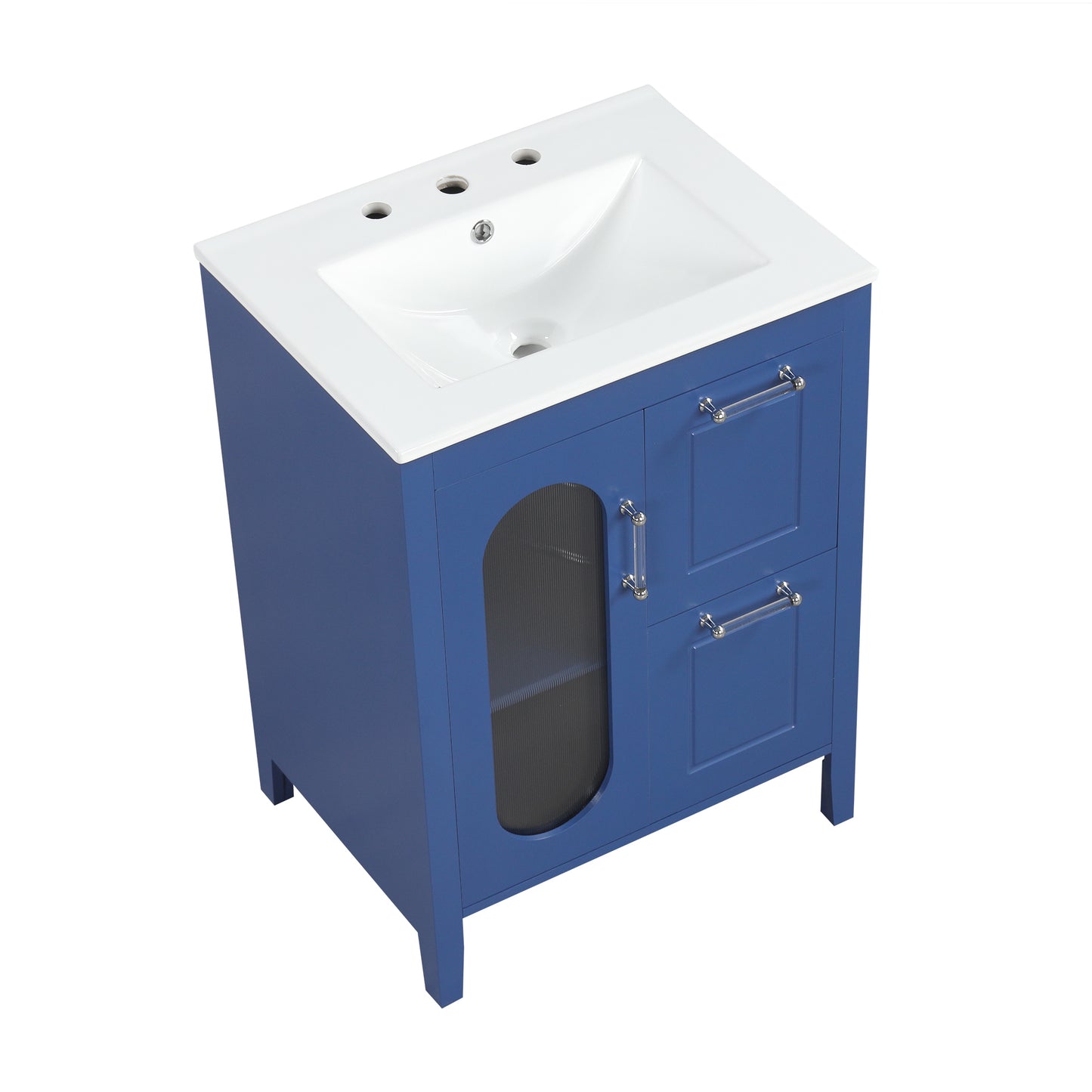 VanityFus 24-in Blue Bathroom Vanity Single Sink Combo Ceramic Top 1 Glass door 2 drawers Undermount Adjustable Shelves