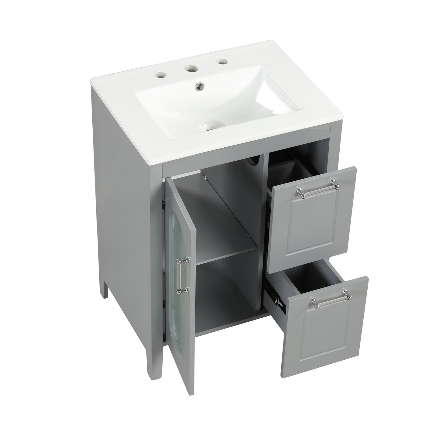 VanityFus 24-in Gray Bathroom Vanity Single Sink Combo Ceramic Top 1 Glass door 2 drawers Undermount Adjustable Shelves
