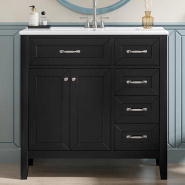 VanityFus 28.6-in Black Bathroom Vanity Single Sink Combo Undermount with Ceramic Top 2 doors 3 drawers