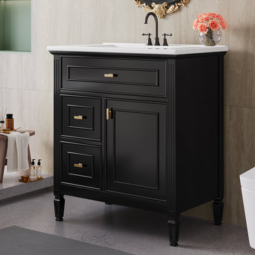 VanityFus 30-in Black Bathroom Vanity Single Sink Combo Ceramic Top 1 door 3 drawers Undermount Adjustable Shelves